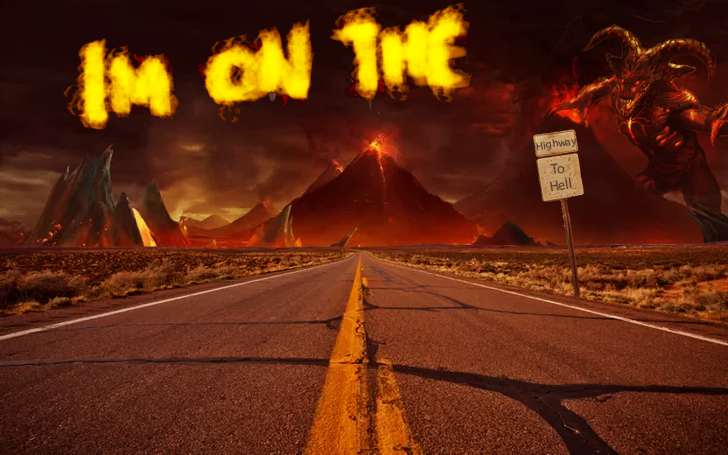 Photomontage showing a highway to a vulcan. The Heading says Highway to Hell